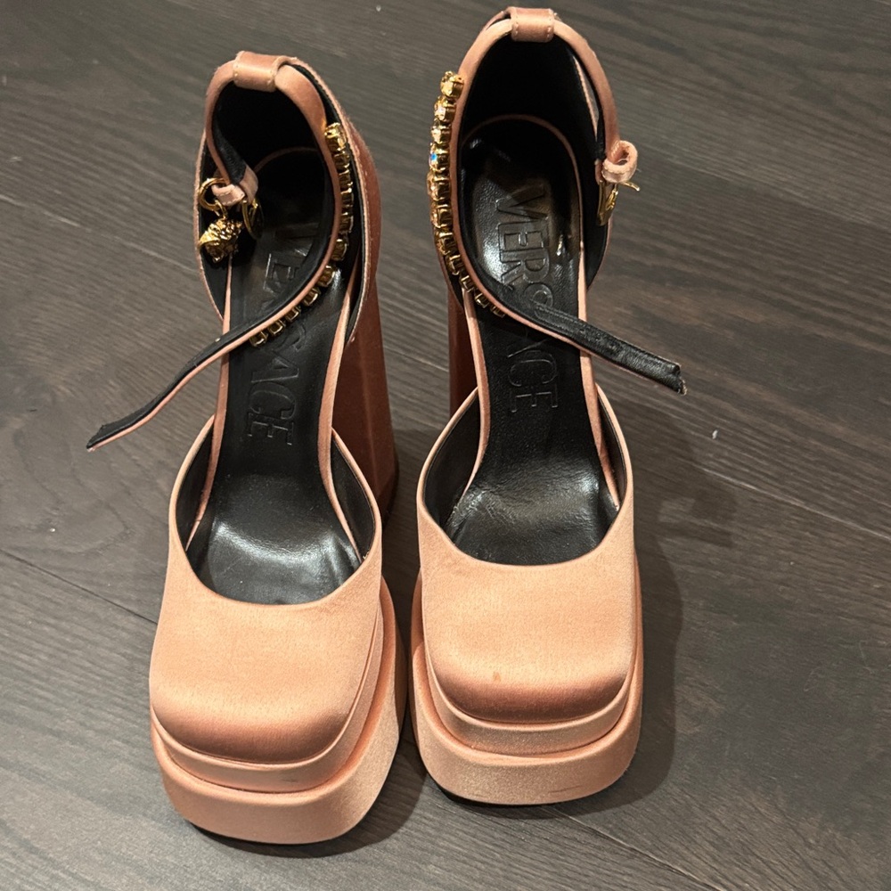 Versace Pink Platform Mary Jane Pumps with Gold Chain Detail